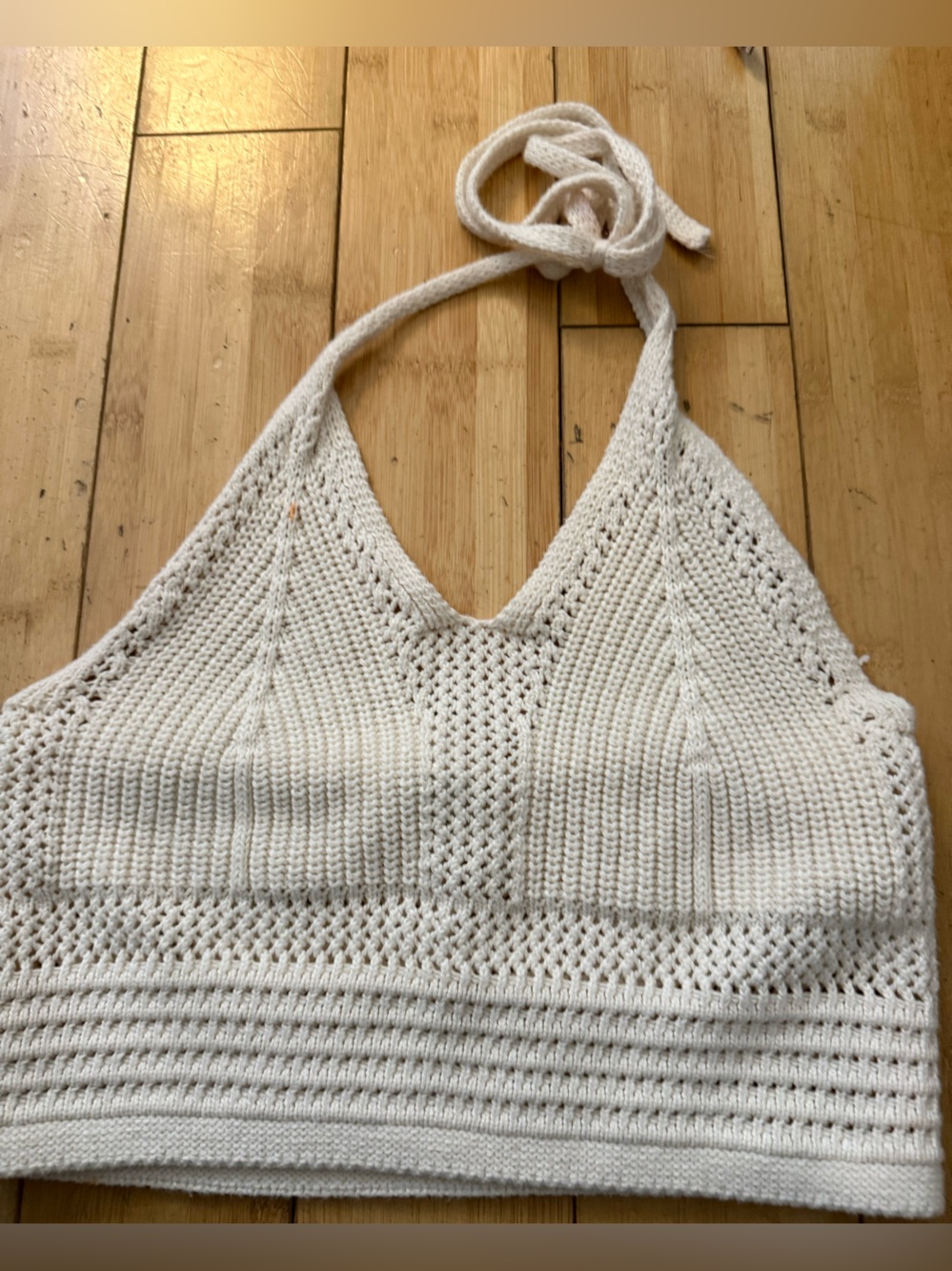 Aerie Cream Crochet Knit Halter Crop Top Tie Back Boho Beach Size M